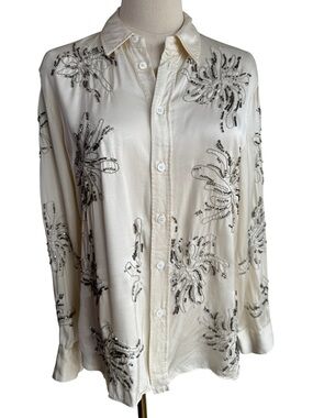 Zara Satin Beaded Button Up Blouse Womens S Cream Ivory Cocktail Party Event EUC
